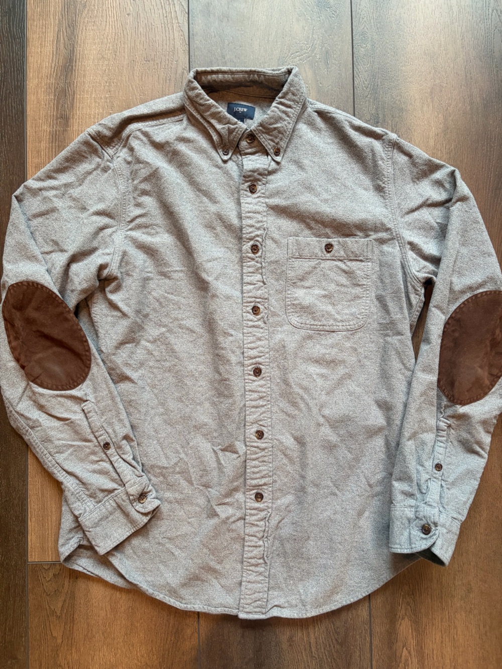 Men's J Crew Gray Long-Sleeve Button Shirt with Brown Elbow Patches